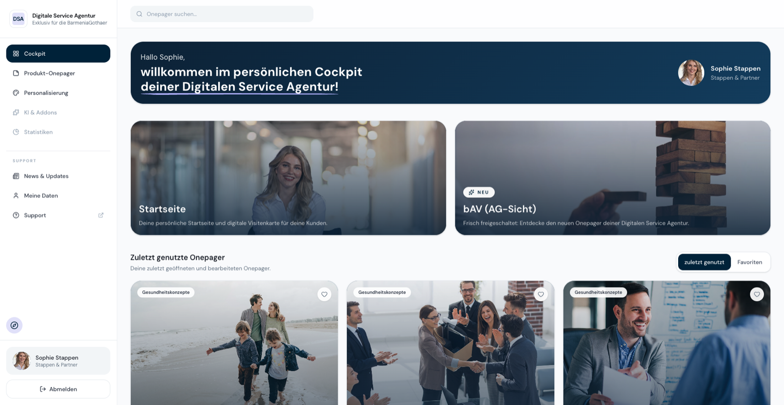 Das persönliche Cockpit der Digitalen Service Agentur mit allen Onepagern