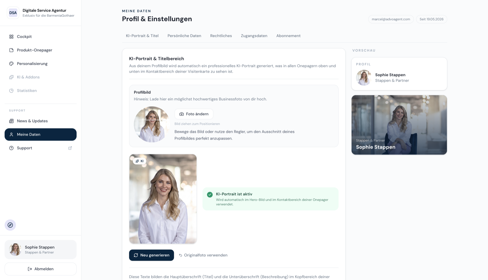 KI-Portrait-Generierung in den Profil-Einstellungen der Digitalen Service Agentur